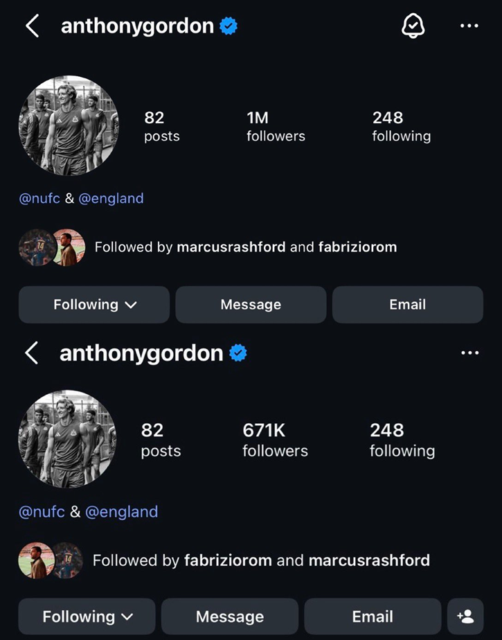 LICZBA OBSERWUJĄCYCH na koncie Anthony'ego Gordona PRZED vs. PO transferze do Barcy O.o